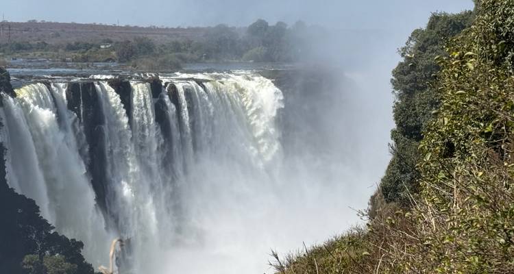 Cascade majestueuse avec brume et arbres.