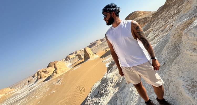 Person standing on a rock in a desert landscape, looking at rock formations.