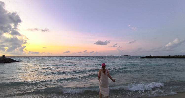Personne debout au bord de l'eau pendant un coucher de soleil coloré.