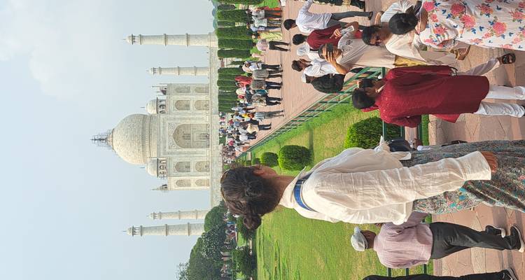 Tourists visiting the Taj Mahal.