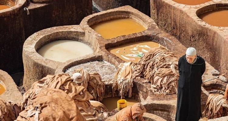 Ouvriers dans une tannerie traditionnelle avec des cuves.