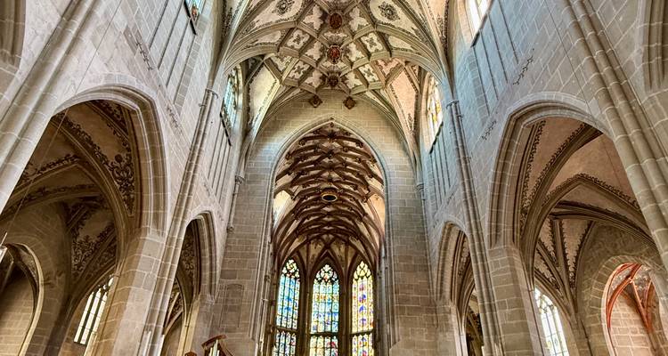 Interieur van een kathedraal met ingewikkelde gotische architectuur.