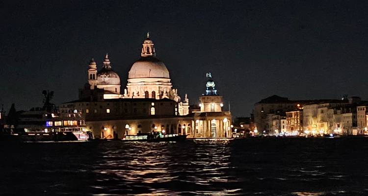 Venice skyline at night with illuminated buildings.