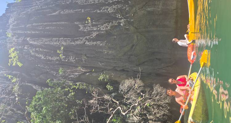 Groepskanotocht in een weelderige grot aan zee omringd door kliffen.