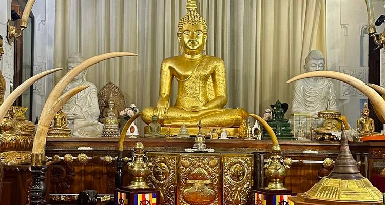 Interieur van een tempel met een gouden standbeeld en decoraties.