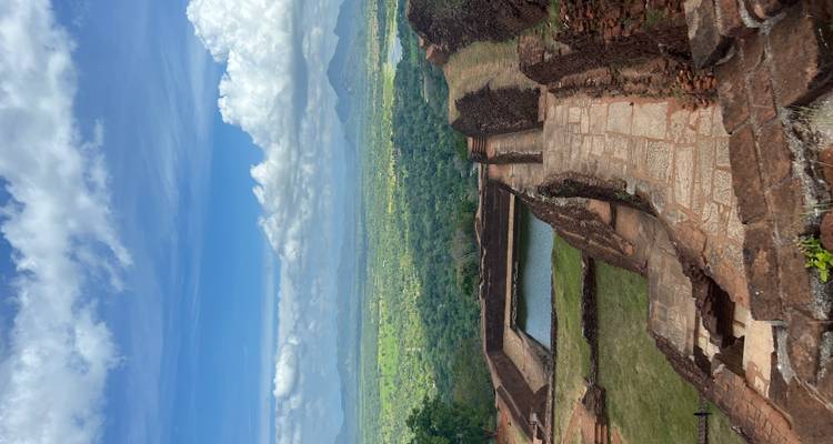 Panoramic view from Sigiriya with ancient rock fortress remains.