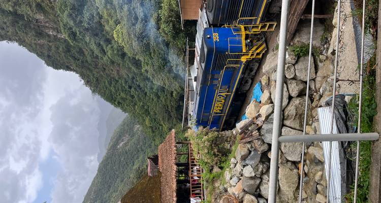 Train with PeruRail branding surrounded by lush mountains.
