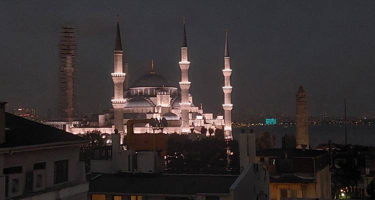 A majestic mosque lit up against a night sky.