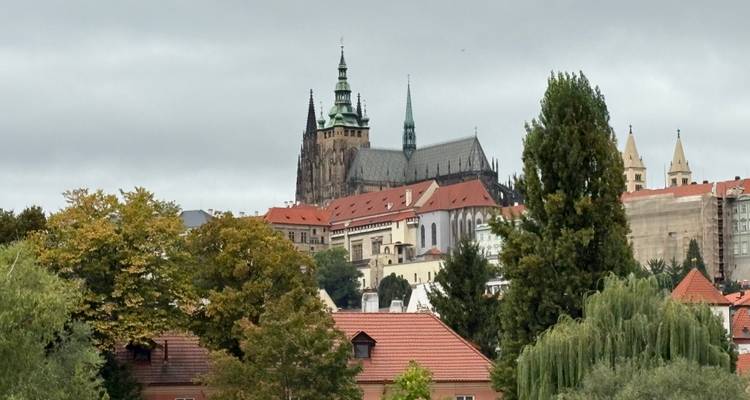Vue du château de Prague avec des arbres et des bâtiments au premier plan.