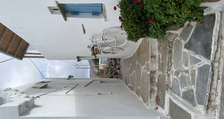 Ruelle blanche avec un vélo et des fleurs.