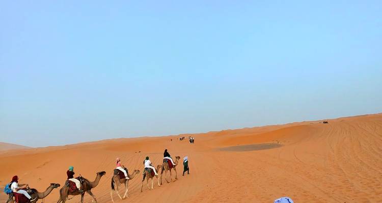 Caravane de chameaux traversant un vaste paysage désertique.