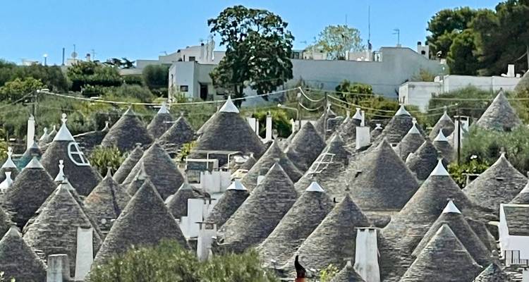 Maisons en pierre traditionnelles avec toits coniques dans un village.