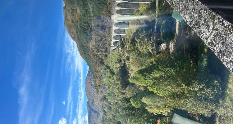 Une vue d'un viaduc entouré de verdure et de montagnes.
