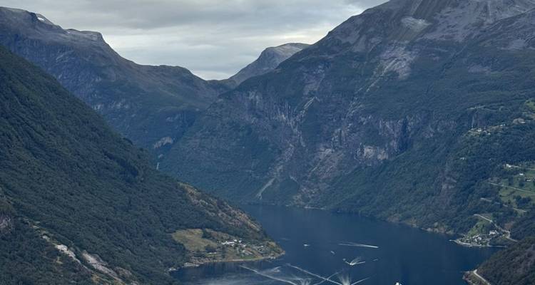 Une vue d'un terrain montagneux et d'un fjord bleu profond.