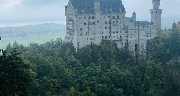 Neuschwanstein Castle on a hillside with forests.