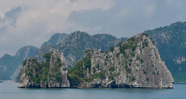 Formations rocheuses calcaires couvertes d'une végétation luxuriante sur une baie.