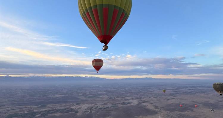 Hot air balloons flying over a vast landscape with mountains.