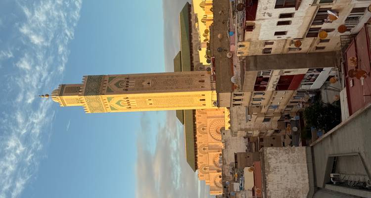 Vue d'une tour dans une ville avec des logements au premier plan.