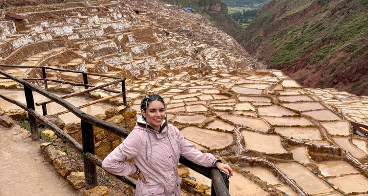 Personne aux bassins de sel en terrasses dans une vallée.