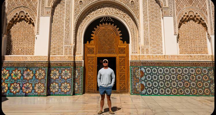 Man standing in front of an ornate mosaic and stucco building.