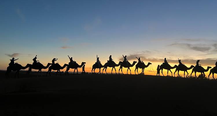 Silhouettes de personnes montant des chameaux contre un horizon de coucher de soleil époustouflant.