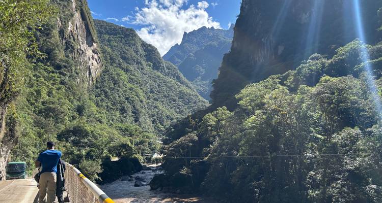 Flussschlucht mit üppiger Vegetation und Person, die über eine Brücke geht.