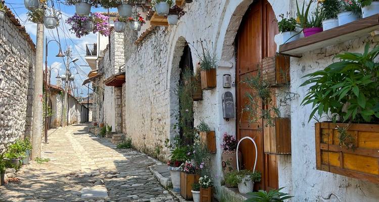 Charmante rue pavée avec des maisons ornées de fleurs.
