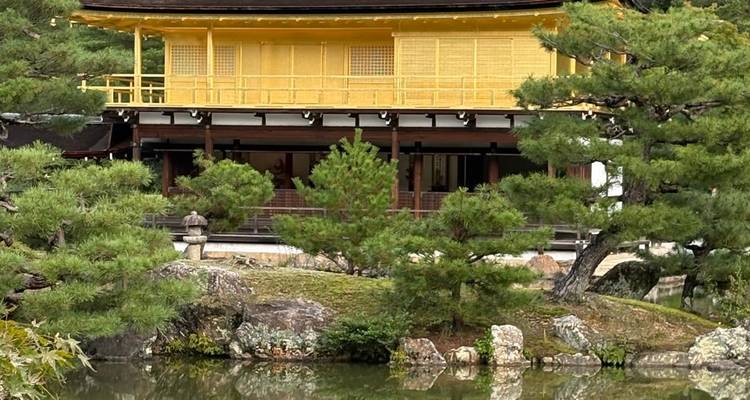 Gouden Paviljoen met een reflectie in het water omringd door bomen.