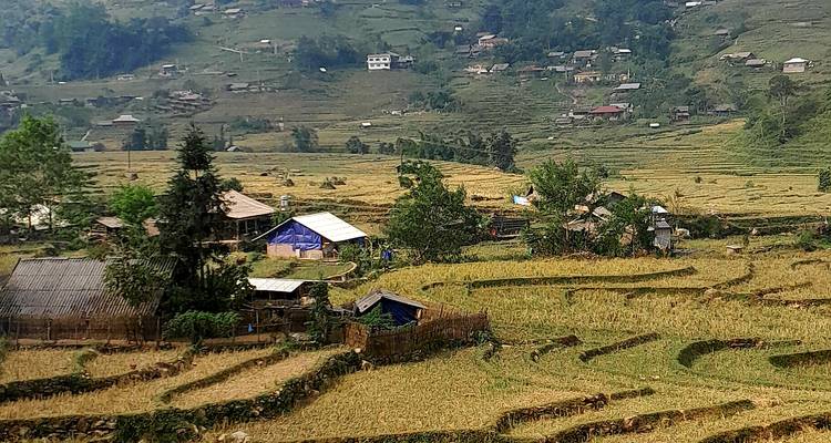 Terraced fields and houses in a rural mountainous area.