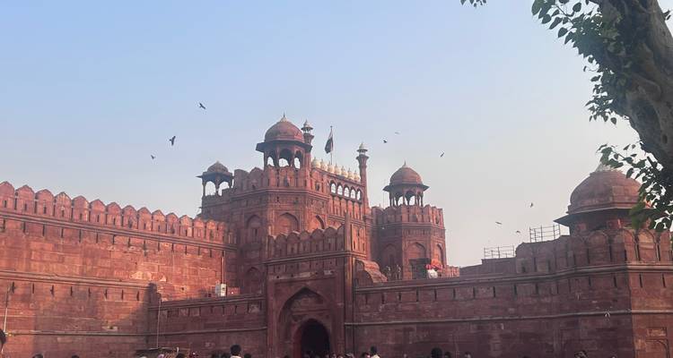 Red Fort in New Delhi with clear sky and birds.