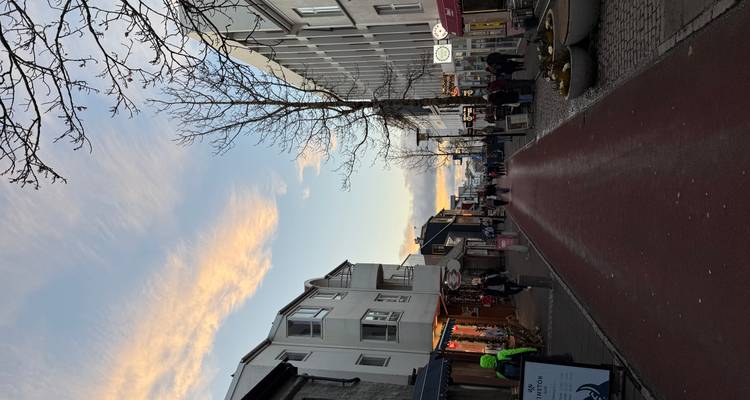Vista de calle con personas caminando, tiendas y cielo al atardecer.