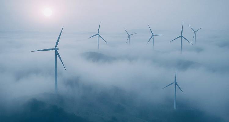 Aerogeneradores sobre un mar de nubes, con el sol visible al fondo.