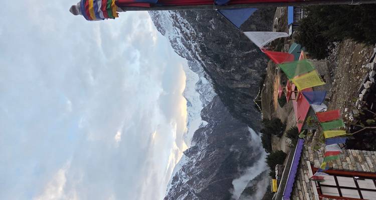 Snowy mountain view with prayer flags in the foreground.