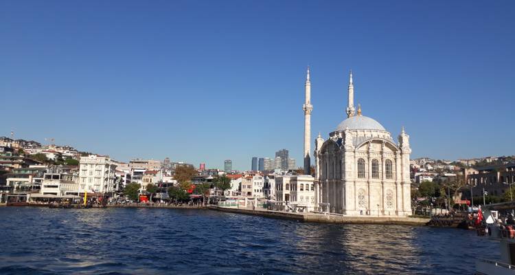 Witte moskee bij het water met een stadsgezicht op de achtergrond.