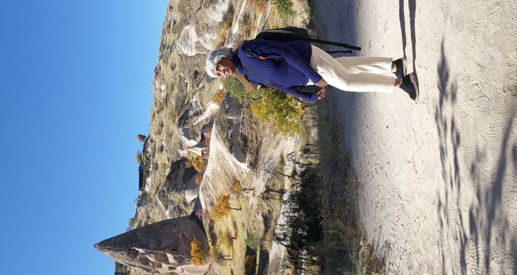 Een persoon die staat bij unieke rotsformaties.