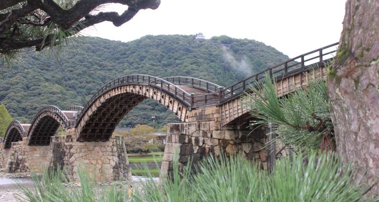 Puente de arco de madera con montañas de fondo.