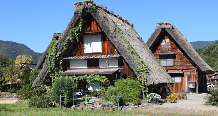 Casas tradicionales de estilo Gassho con montañas de fondo.