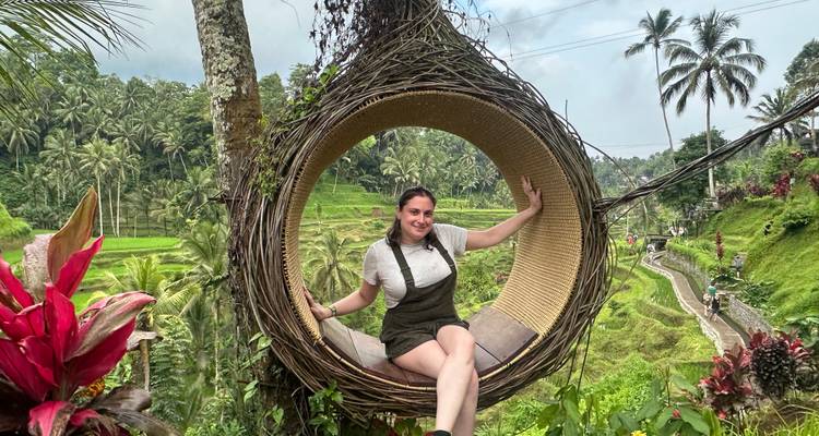 A person sitting in a circular woven swing with lush green terraces in the background.