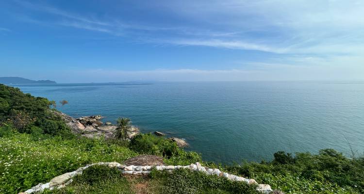 Clear blue ocean view with greenery at the forefront
