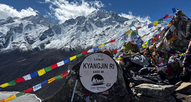 Paysage montagneux de haute altitude avec des drapeaux de prière colorés.