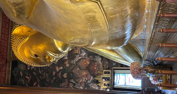 Boeddhabeeld in een grootse hal met ingewikkelde muurschilderingen.