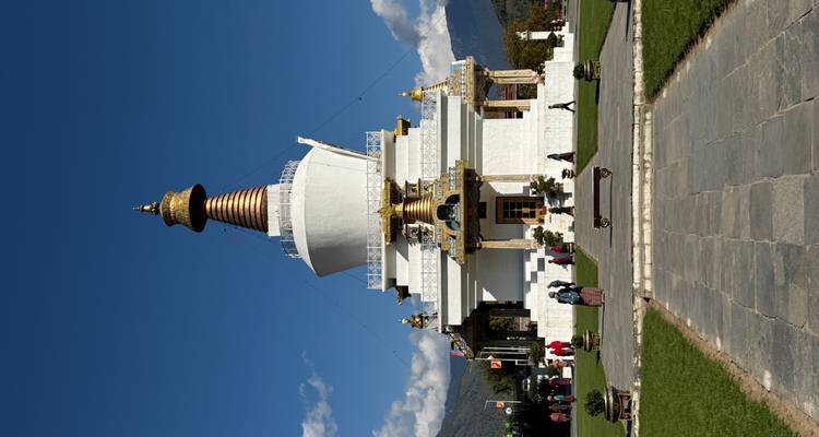 Un stupa blanc avec des décorations dorées et un ciel bleu.