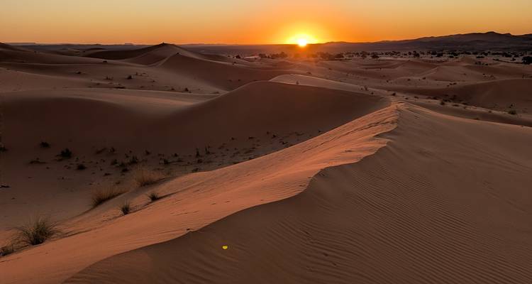Woestijnlandschap bij zonsondergang met zandduinen.