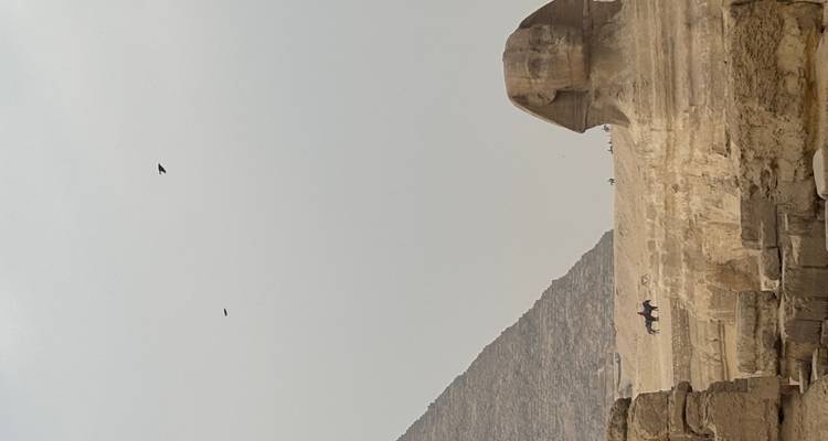 Blick auf die Sphinx und eine Pyramide unter einem bewölkten Himmel.