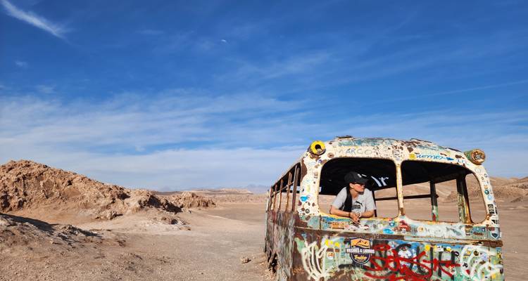 Persoon die naar buiten kijkt vanuit een kleurrijke, met graffiti bespoten bus in een woestijn.