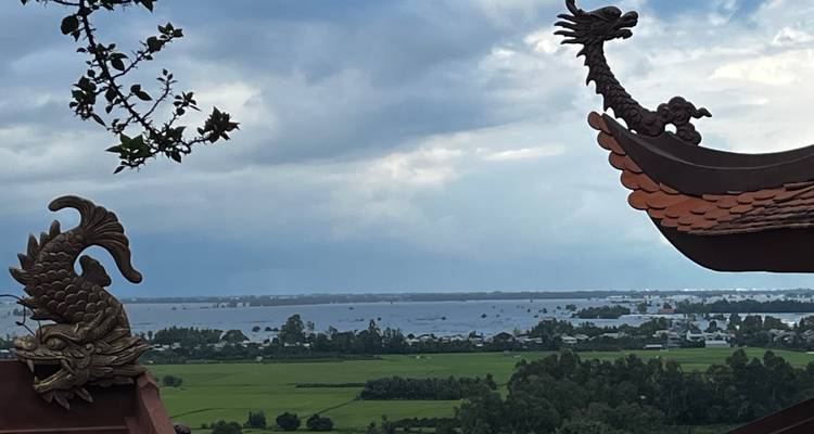 Toit décoratif avec des sculptures de dragon et de créatures marines surplombant un paysage.