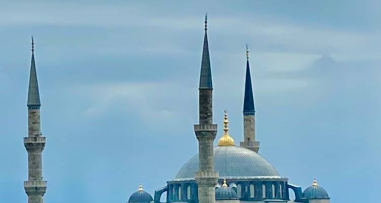 Bovenkant van een moskee met minaretten tegen een bewolkte hemel.