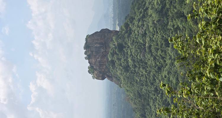 Sigiriya Rots omringd door bos, onder een bewolkte hemel.