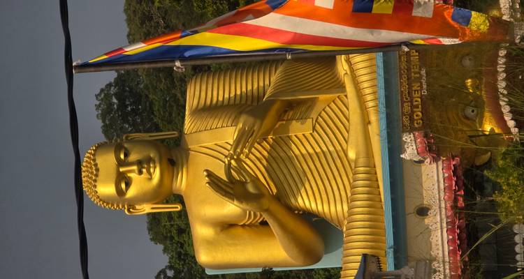 Een grote gouden Boeddhabeeld met een kleurrijke boeddhistische vlag in de buurt.