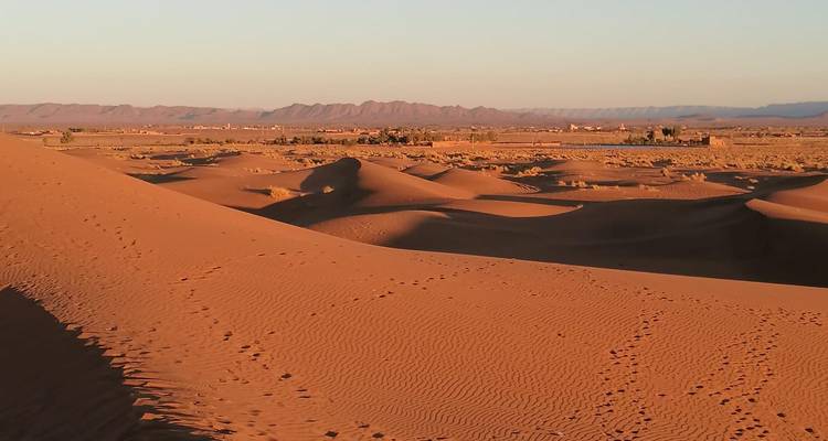 Dünen und ferne Berge in einer Wüste unter einem klaren Himmel.